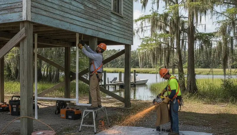 Plumbing repair technician in New Orleans, LA servicing a residential pipe leak
