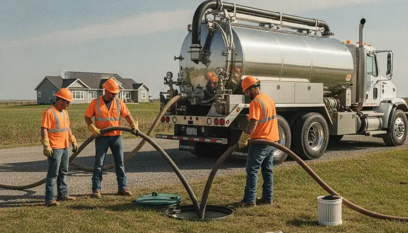 Septic pumping truck servicing a New Orleans, LA home for fast plumbing maintenance