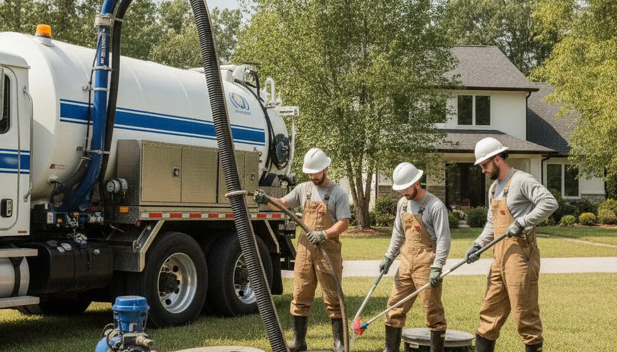 Septic pumping truck servicing a New Orleans, LA home for fast plumbing repair help