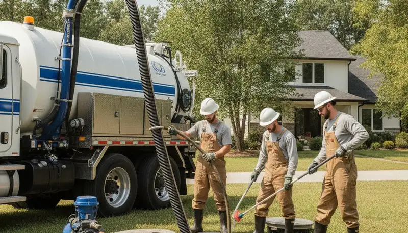 Septic pumping truck servicing a New Orleans, LA home for fast plumbing repair help
