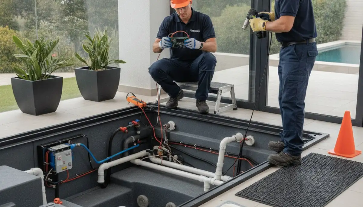 Spa repair technician servicing residential spa in New Orleans, LA